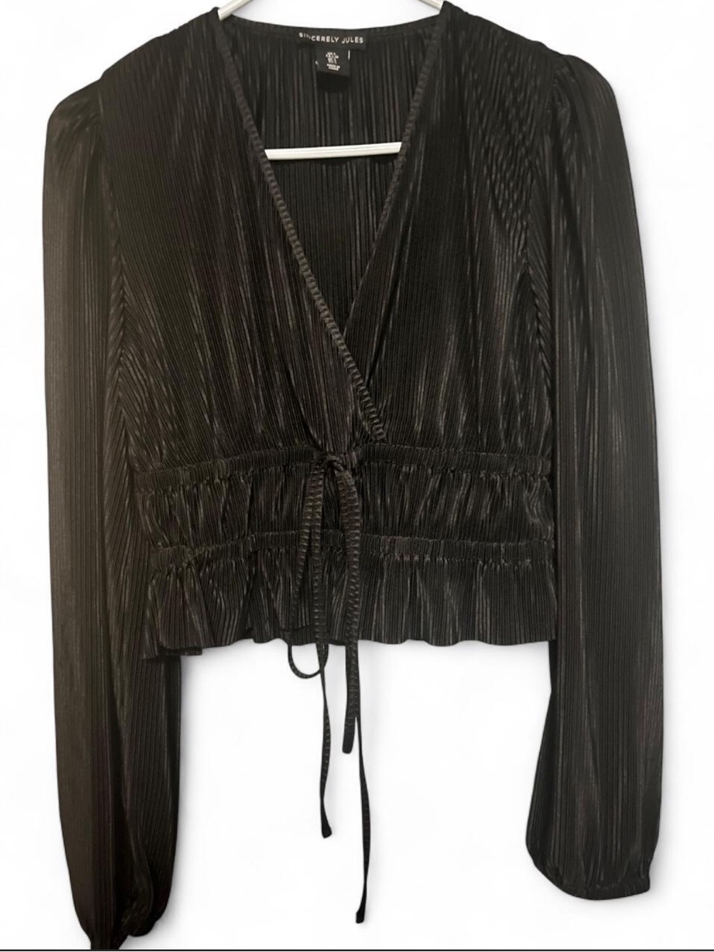 Sincerely Jules Black Pleated Wrap Blouse with Tie Waist